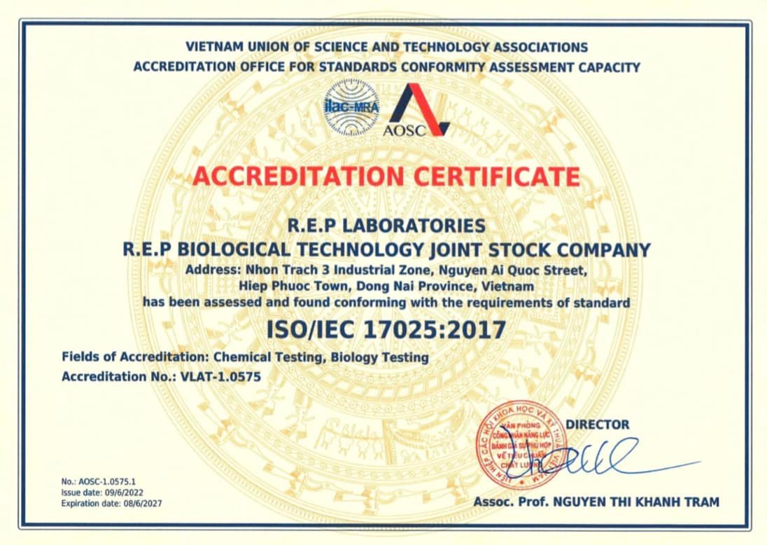 TRUNG TÂM NGHIÊN CỨU – PHÂN TÍCH – XÉT NGHIỆM – TẦM SOÁT R.E.P (R.E.P Laboratories) ĐẠT CHỨNG NHẬN ISO/IEC 17025:2017.